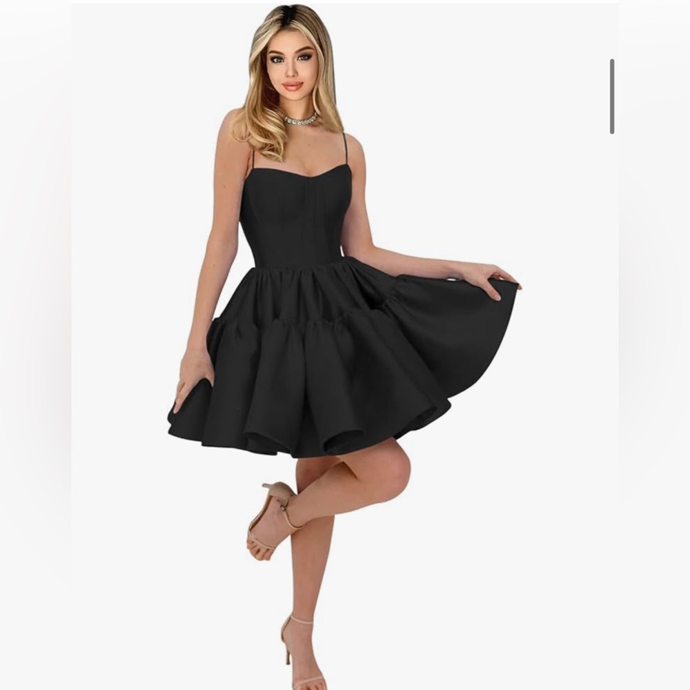 Black Satin Short A Line Spaghetti Strap Party Gowns Prom Dress